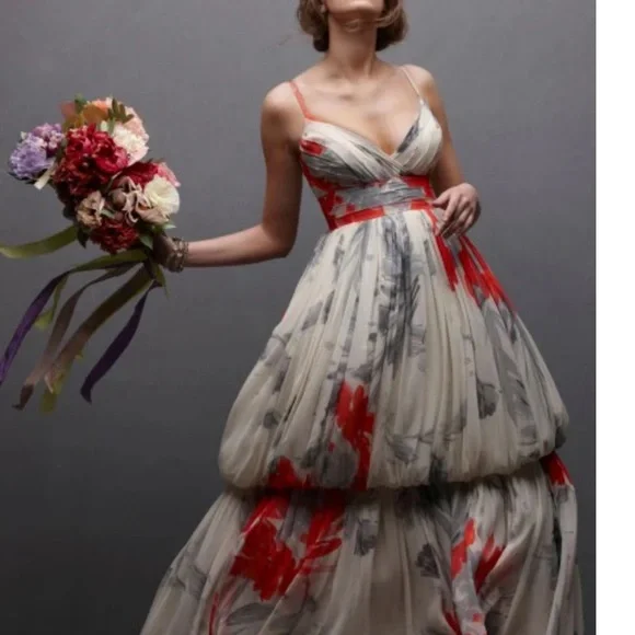 NWOT Anthropologie x BHLDN Beth Bowley Neela Silk Tiered wedding floral Dress 8